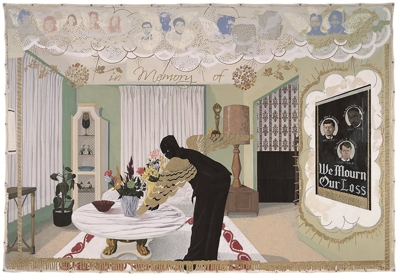 馬歇爾Kerry James Marshall│Souvenir I Acrylic, collage, silkscreen, and glitter on canvas 274.3x396.2cm 1997 Museum of Contemporary Art Chicago, Bernice and Kenneth Newberger Fund, 1997.73 ©Kerry James Marshall Photo: Joe Ziolkowski, ©MCA Chicago