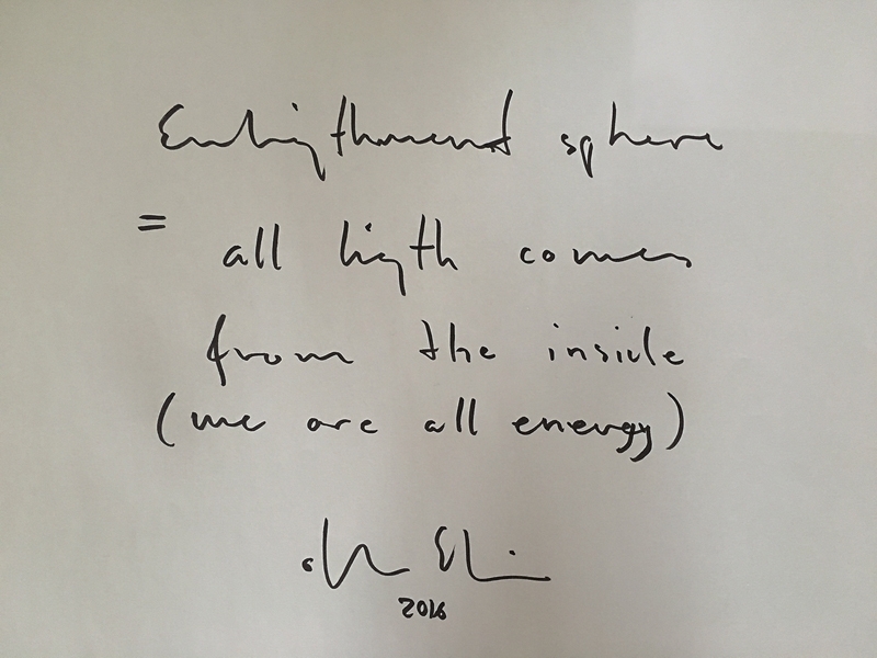 埃利亞松手寫的作品涵義:Enlightenment Sphere=All light comes from the inside(we are all energy)。圖|中國信託