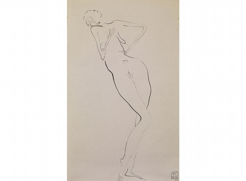 常玉《低頭佇立的窈窕裸女》.水墨、紙本.44×28 cm。圖/耿畫廊