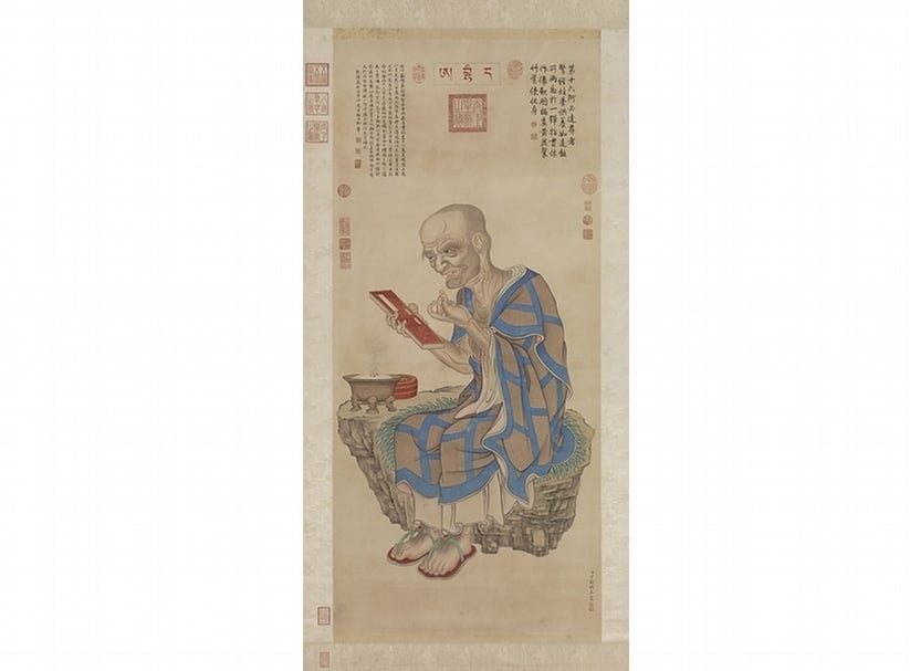清丁觀鵬〈畫十六羅漢像・第十六阿必達尊者〉，129×57.5公分。（圖∣國立故宮博物院）