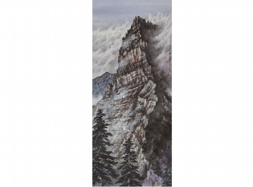 周錫珽2014年作〈大霸尖山〉，213×91公分。圖︱周錫珽