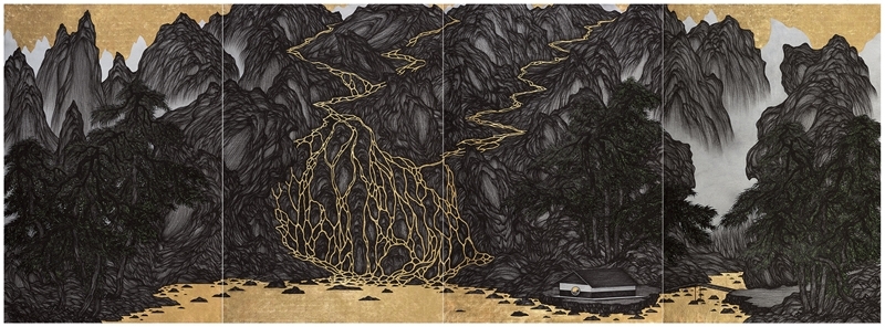 姚瑞中《好時光—大有可觀》（四聯作）．印度手工紙、藝術筆、壓克力顏料、金箔、亮粉．133×364 cm．2017。圖｜大觀藝術空間