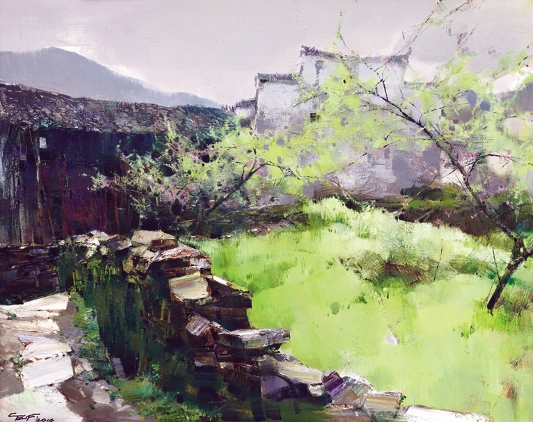 陳二夫 小村春曉 80×100cm 台灣粉彩藝術推廣協會提供