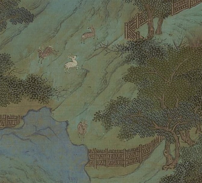 圖1 輞川別業中的一景「鹿柴」，同樣也是《輞川集》的詩題。傳世及後人效仿的〈輞川圖〉中，大多以漫步坡上的鹿群，讓觀眾立即會意「鹿柴」之意。圖取自趙伯駒（款）〈輞川圖〉（局部），美國弗利爾美術館藏。圖∣本刊資料室