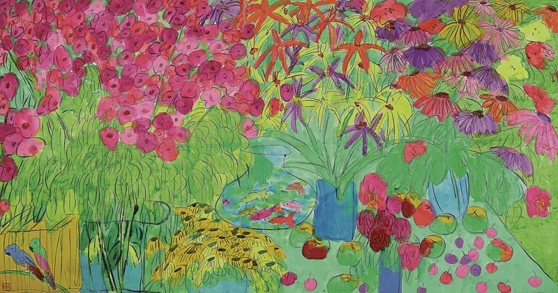 丁雄泉《春色滿園》．123×243 cm．宣紙上墨、塑膠彩．1990年代。圖｜藝倡畫廊