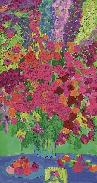 丁雄泉《愛情鳥、玫瑰與桃子》．180×97cm．宣紙上墨、塑膠彩．1990年代。圖｜藝倡畫廊