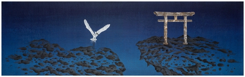 葉仁焜，《崩解的信仰I》，2017，水墨、膠彩、銀箔／畫布、絹，50x160cm 圖／誠品畫廊