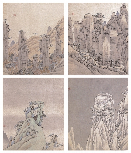 圖5 弘仁〈黃山圖冊〉，第一冊其中四開，北京故宮藏。包括文殊院等景色。圖∣李如珊