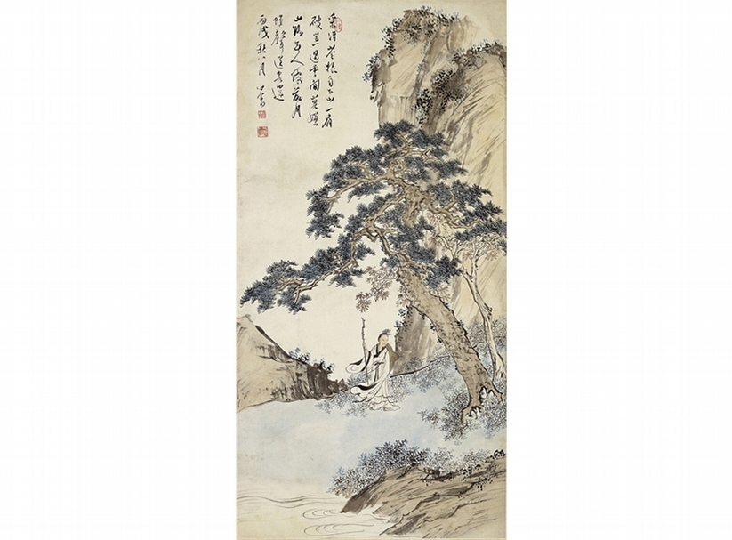 溥儒《松蔭高士》．設色紙本、立軸．95×48 cm。圖｜正德拍賣