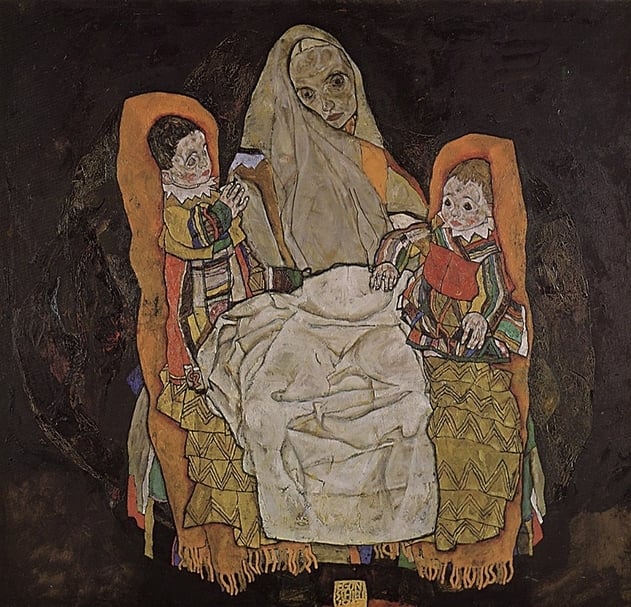 席勒1915-17年的作品《Mother with Two Children》。圖|阿爾貝蒂娜博物館