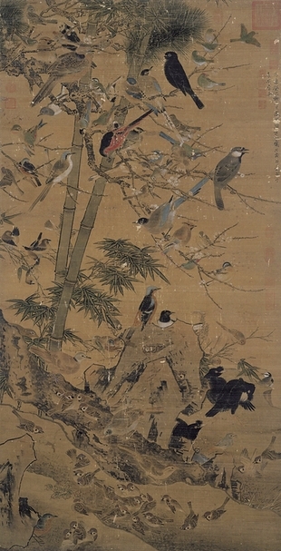 圖1 明邊文進〈三友百禽軸〉，國立故宮博物院藏。圖∣廖堯震