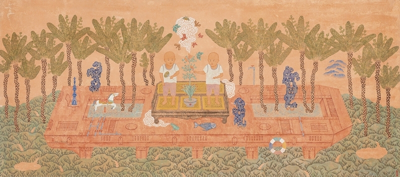 潘信華PAN Hsin-hua│燃火圖Illumination 水墨設色、紙本 96x216 cm 2015 圖│銀川當代美術館