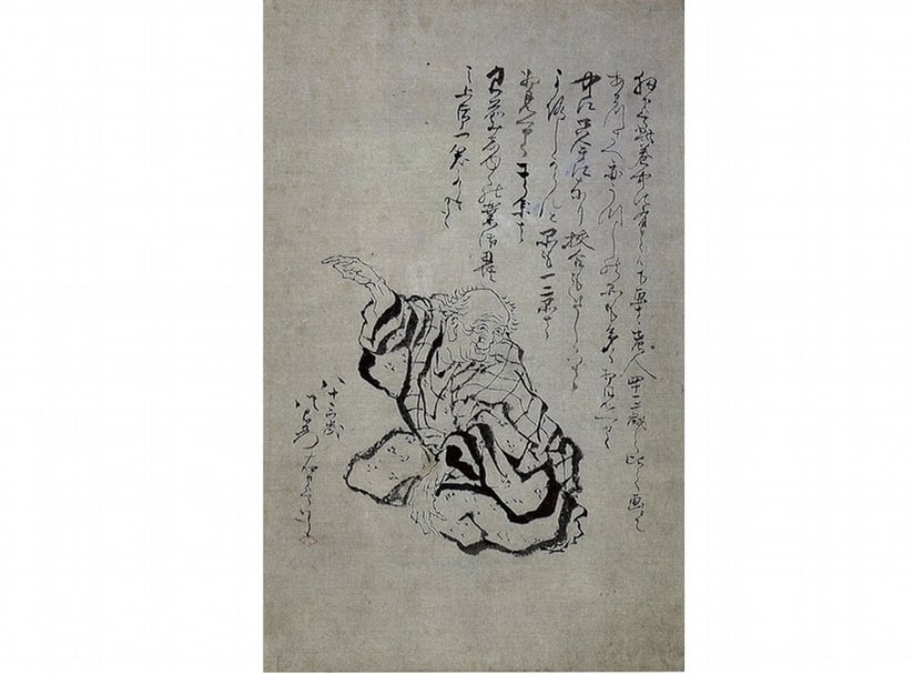 圖7 葛飾北齋1842年作〈八十三歲自畫像〉,信簡插圖,水墨紙本,現藏荷蘭萊頓國立民族學博物館。圖∣大英博物館(British Museum)