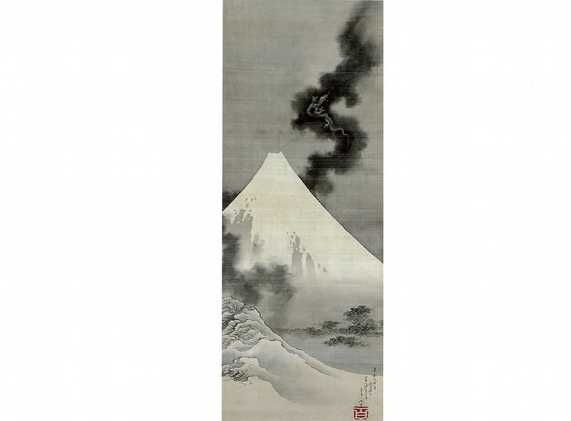圖10 葛飾北齋1849年〈富士越龍圖〉,掛軸設色絹本,現藏日本長野縣小布施町北齋館。圖∣大英博物館(British Museum)