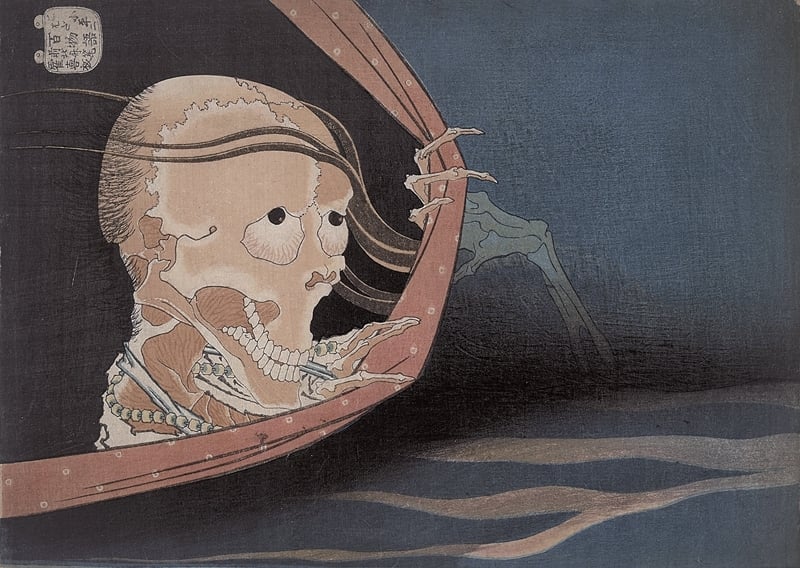 圖5 葛飾北齋1833年作「百物語」之〈小幡小平次〉,彩色木刻版畫,Theresia Gerda Buch資助購藏紀念其父母Rudolph和Julie Buch,©The Trustees of the British Museum。(為方便觀看,本圖逆時針橫轉90度)圖∣大英博物館(British Museum)