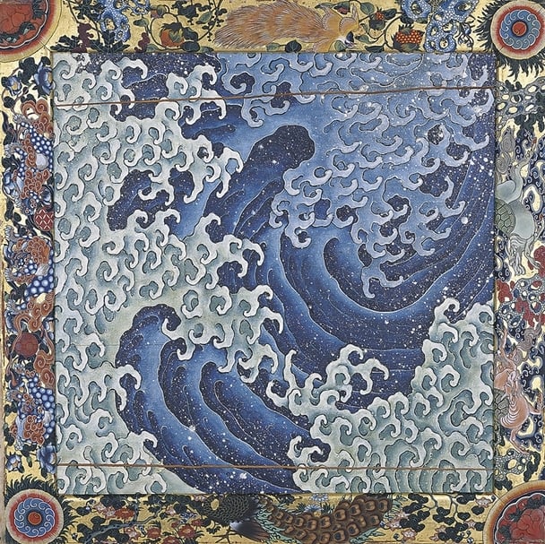 圖8-1 傳為葛飾北齋設計構圖〈濤圖〉,1845~1846年完成,祭屋台天井,彩繪木料,現藏日本長野縣小布施町北齋館。圖∣大英博物館(British Museum)