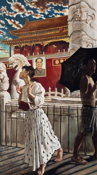 趙半狄 《蝴蝶》 240×150cm 油畫 1990，形狀特殊的天安門油畫，是對灰暗歷史事件的記錄。