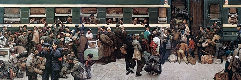 高小華 《趕火車》 155×450cm 油畫 1981，劉鋼在書中寫到這件藏品時，稱其為“二十世紀的《清明上河圖》”。
