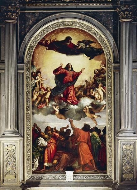 Tiziano為聖方濟會榮耀聖母教堂創作的祭壇畫《聖母升天 Assumption of the Virgin》。圖片提供：Getty