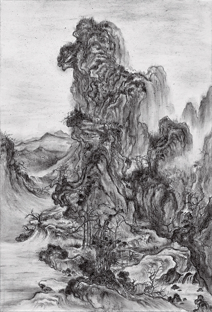 袁慧莉《火墨．郭熙《秋山行旅圖》》．宣紙、紙炭、裱板、壓克力深框、灼紙捲裝置捲．110×75 cm．2017。