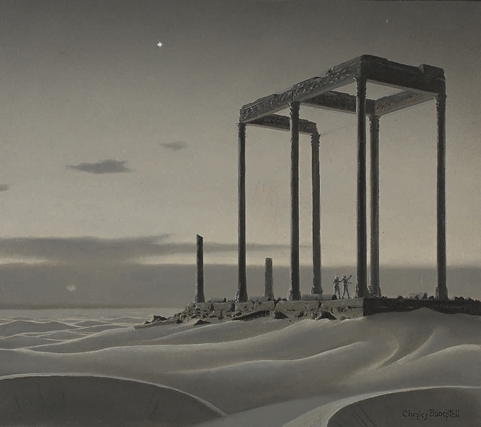 「現代太空藝術之父」 Chesley Bonestell 的畫作悉數售出，其中這幅油畫描繪人類對火星的想像，以逾12萬美元成交。圖｜蘇富比