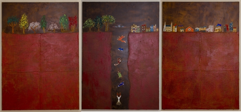 夏愛華 日落之後・月升之前 170x360x5cm 漆、木板、岩彩、麻布、金箔 2017 圖片提供：月臨畫廊