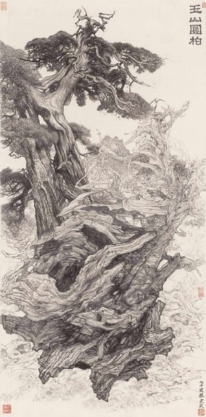 羅建武《玉山圓柏》．水墨紙本．140×69.5 cm．2013。圖｜平藝術空間