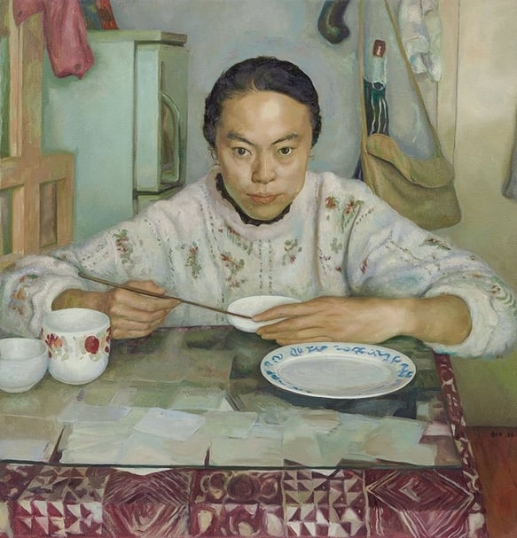 朝戈（b.1957） 《桌前人物》 油彩 畫布 82×80cm 1994年作 估價：HKD 1,000,000 – 2,000,000 圖片提供：嘉德香港