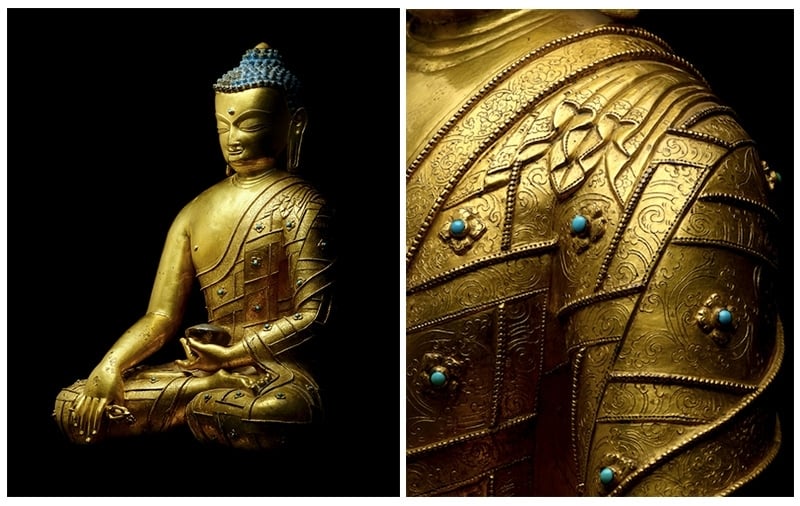 左：銅鎏金阿閦佛像，西藏，十五世紀。估價：15,000,000至25,000,000港元。右：細節。圖片提供：邦瀚斯
