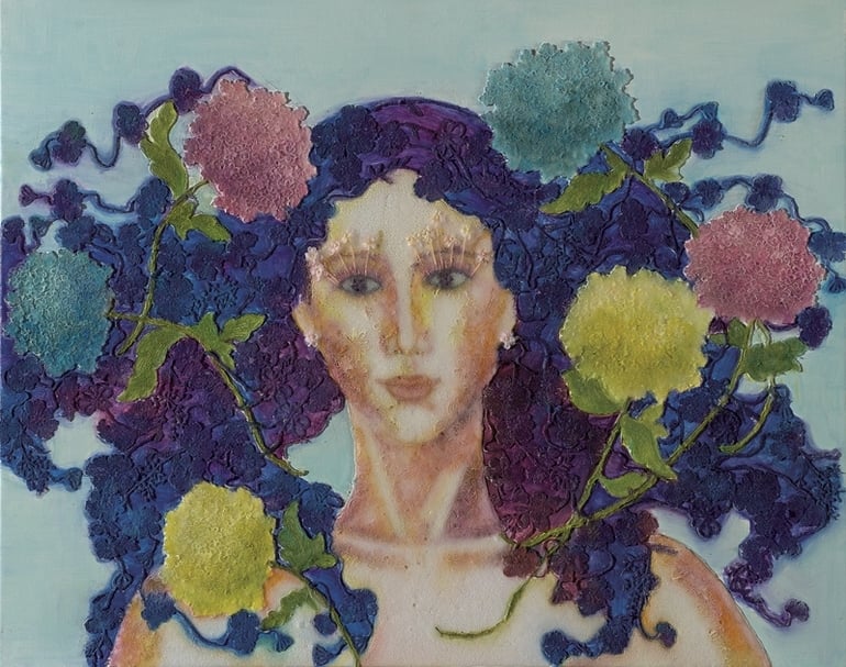 吳麗玉《豔夏之花－繡球系列之二》．複合媒材．91×72.5 cm．2017。