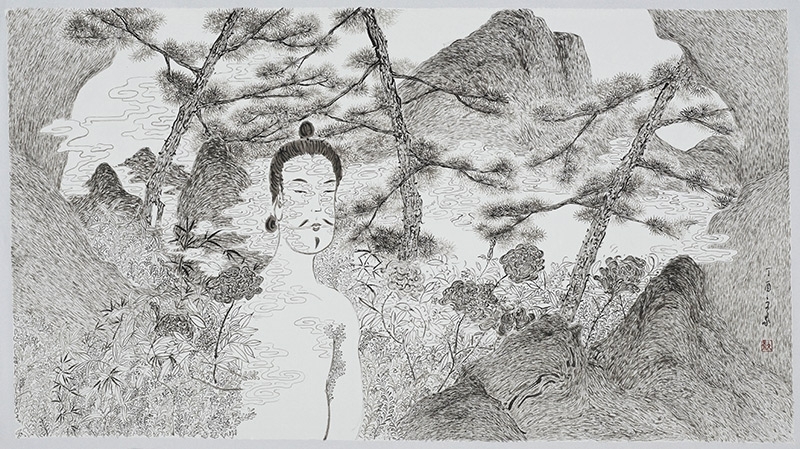廖文豪《松雲凝空圖》.水墨紙本.80×144 cm.2017。圖片提供:廖文豪