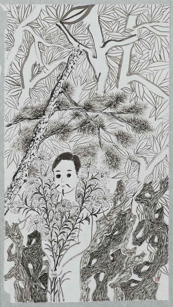 廖文豪《捧花圖》.水墨紙本.72×40 cm.2017。圖片提供:廖文豪
