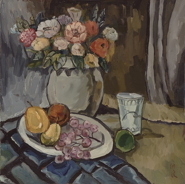 關良《花卉與瓜果》.油彩、畫布.50×50 cm。預估價:100至150萬港元。圖|中國嘉德(香港)