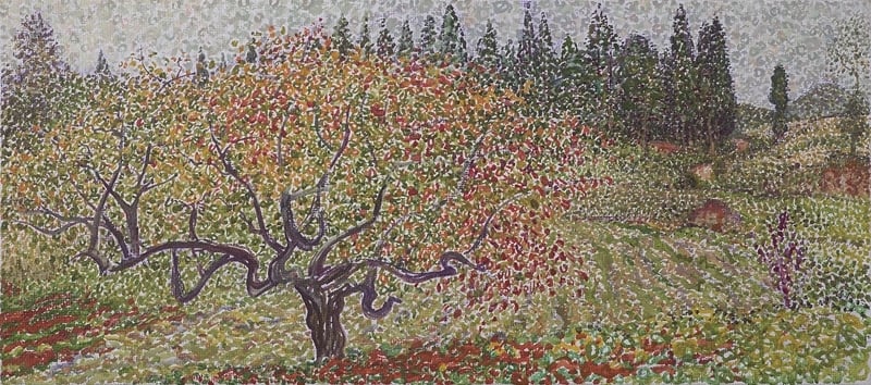 毛旭輝《圭山寫生－庄稼地旁的果樹》．油彩畫布．40×90 cm．2013。圖｜關渡美術館．索卡藝術中心