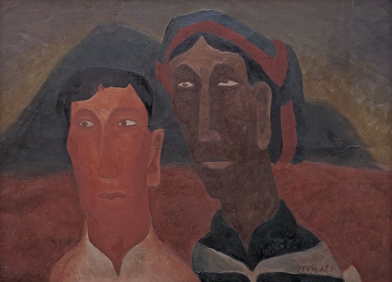 毛旭輝《母親和兒子之二》．油彩紙本．51.5×70.5 cm．1987。圖｜關渡美術館．索卡藝術中心