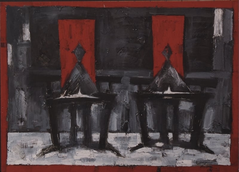 毛旭輝《雙家長圖》．油彩畫布．130×180 cm．1992。圖｜關渡美術館．索卡藝術中心