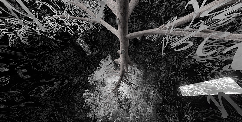 黃心健VR作品《沙中的房間》中的「Tree Room」一景。看似樹狀的結構,乃由文字一一組合而成,配合觀者互動,文字組成的樹葉枝枒將有落下的效果。圖片提供:藝術家黃心健