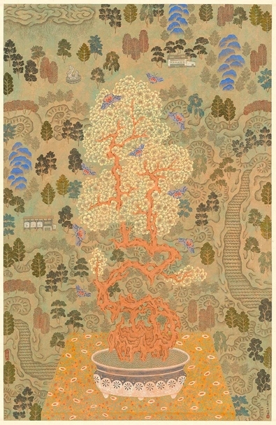 潘信華《盆景圖》‧紙本水墨設色‧132×85.3cm‧2017。圖片提供:亞洲藝術中心