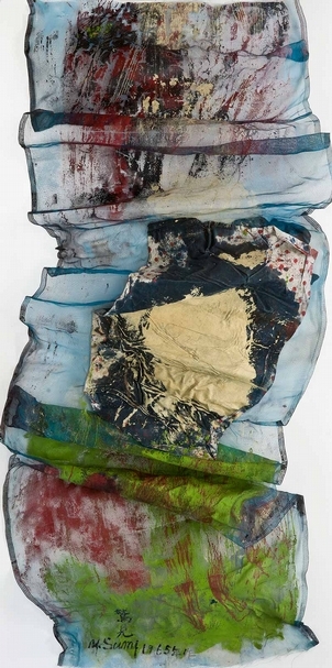 鷲見康夫《作品》．瓷於木板、布料與網．200.0×100.0 cm．1965。圖片提供：白石畫廊