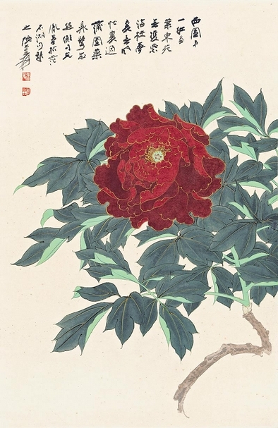 張大千〈西園第一紅〉，成交價1210萬港元。圖片提供：香港蘇富比