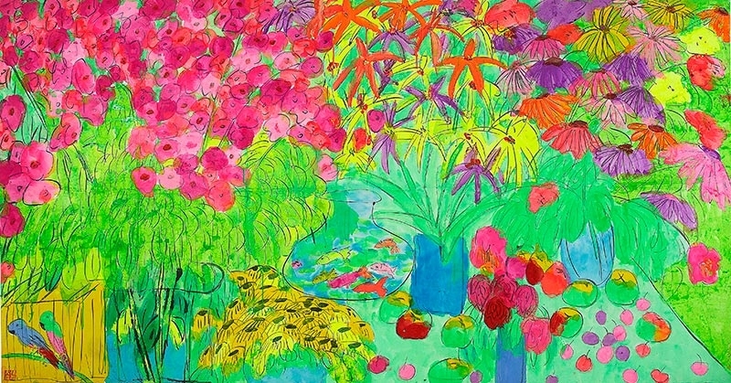 丁雄泉《春色滿園》．紙上墨、塑膠彩．123x243cm．1990年代。圖｜藝倡畫廊