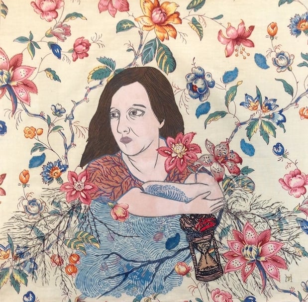 Pamela Hevia A distant observer Linoleum on 19th Century print fabric, linen, veil and thread 45.5×46.5cm 2017 圖片提供：小畫廊
