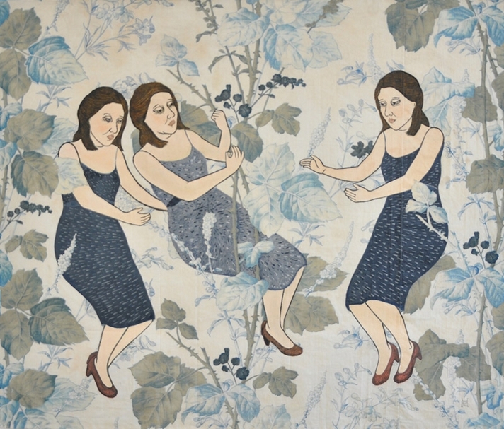 Pamela Hevia Talking to the best version of herself／與最好的自我對話 Woodcut and linoleum on 19th Century print fabric／木刻版畫、油氈布、十九世紀印花布料 71×83cm 2017 圖片提供：小畫廊