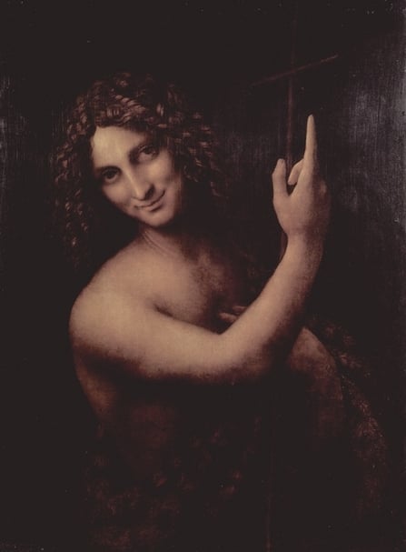 達文奇《施洗者聖約翰》．油彩、胡桃木板．69×57cm．1513–1516 (?)．法國巴黎羅浮宮美術館。