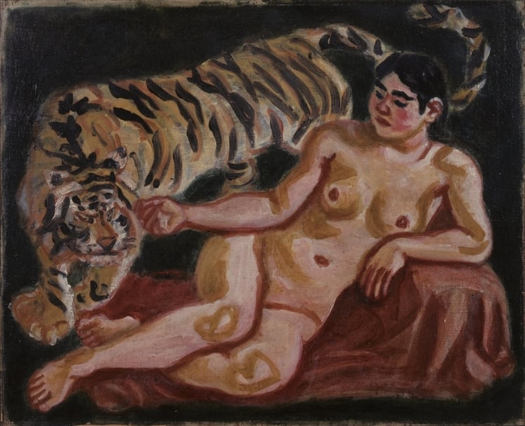 梅原龍三郎Ryuzaburo Umehara│裸女與虎 油彩、畫布 65x80.2cm 1931 笠間日動美術館、北師美術館提供