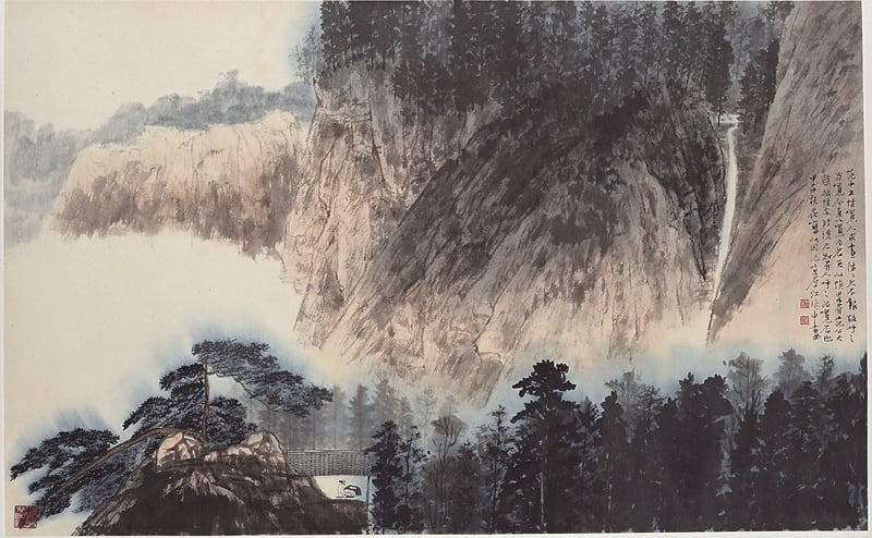 江兆申《讀書秋山下》.彩墨、紙.61×98.4cm.1984。(美源美術館提供)