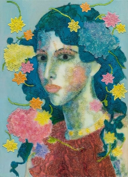 吳麗玉 繡球與向日葵 72.5×53cm 複合媒材 2017 圖片提供：九十九度藝術中心