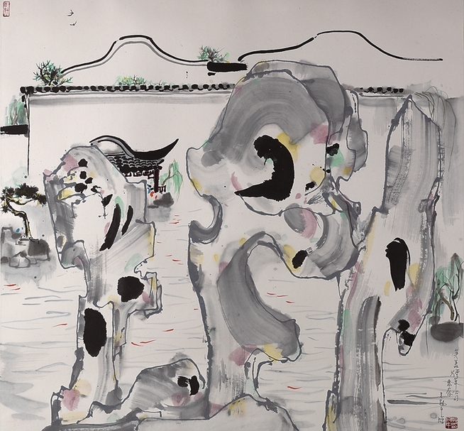 吳冠中〈園林一角〉，設色紙本鏡框，96×90公分，估價120萬～180萬港元。圖︱邦瀚斯香港