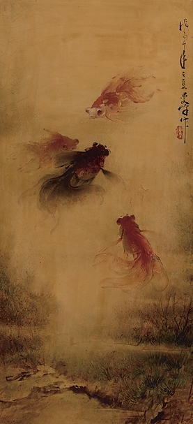 李曼峰1948年作〈金魚嬉戲〉，油彩纖維板木框，98.5×45公分，估價25萬～35萬港元。圖︱邦瀚斯香港