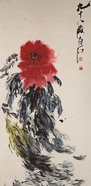 齊白石〈牡丹圖〉，設色紙本立軸，133.5×65.5公分，估價350萬～500萬港元。圖︱邦瀚斯香港
